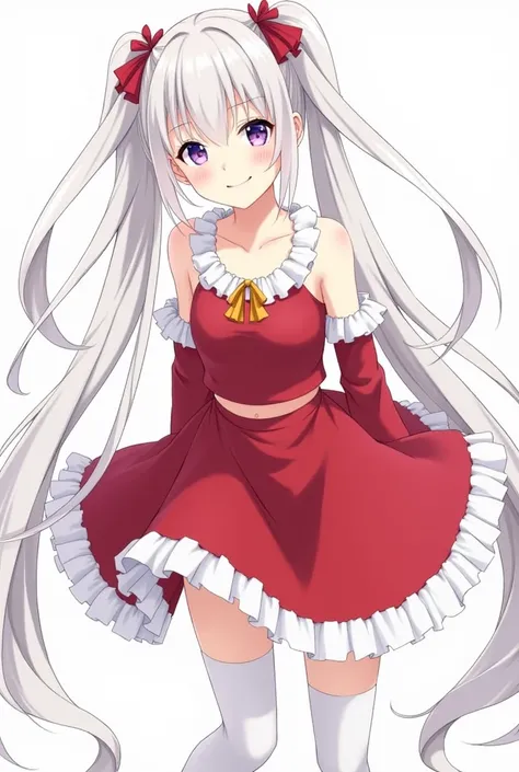 1girl, white hair, very long hair, twintails, purple eyes, loojing at viewer, grin, leaning forward, santa dress, waist cutout, frilled dress, white thighhighs, detached sleeves, cinematic angle,, (masterpiece), (best quality), perfect composition, simple ...