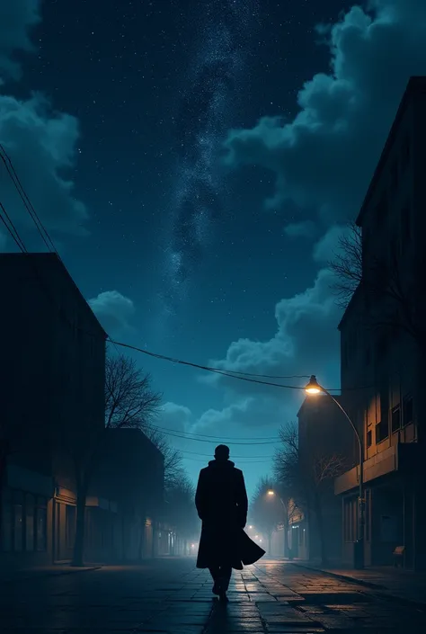 A man in a coat walking down a dark street and showing the starry night sky