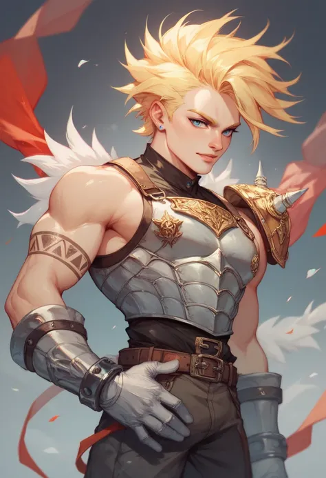 a warrior with white hawk armor, long and tall light yellow hair, a sonic rapier, tattoo on his right arm, thin athletic body, blue eyes, high definition 8k