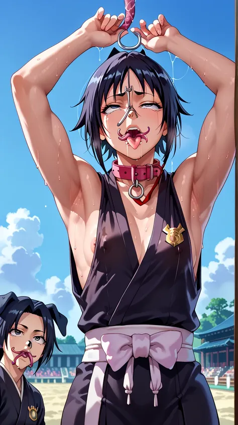 a picture, inspired by Kentaro Miura, trending on pixiv, soifon from bleach, black uniform, favorite scene, fine details, skins, sweating, small breasts, both hands raised, armpits, (small head),armpits visible, dripping with sweat, more more sweat, ((Japa...