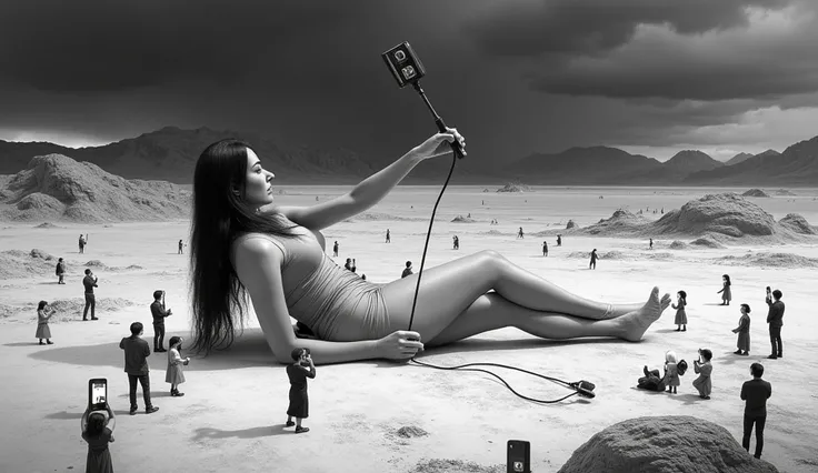 A surreal black and white illustration with intricate shading and fine textures. The scene shows a vast, barren landscape with distant mountains under a dark and stormy sky. In the foreground, a gigantic woman is lying in a dress with both legs raised upwa...