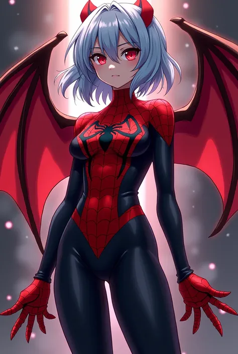  Remilia Scarlet in an anime style Venom suit　Shes a young vampire and 、 has short light blue hair 、 has bat wings、Im drowning in the power Ive gained and Im smirking 、Posing、 She rules everything in this world 、 The bodysuit has a red Spider-Man pattern 、...