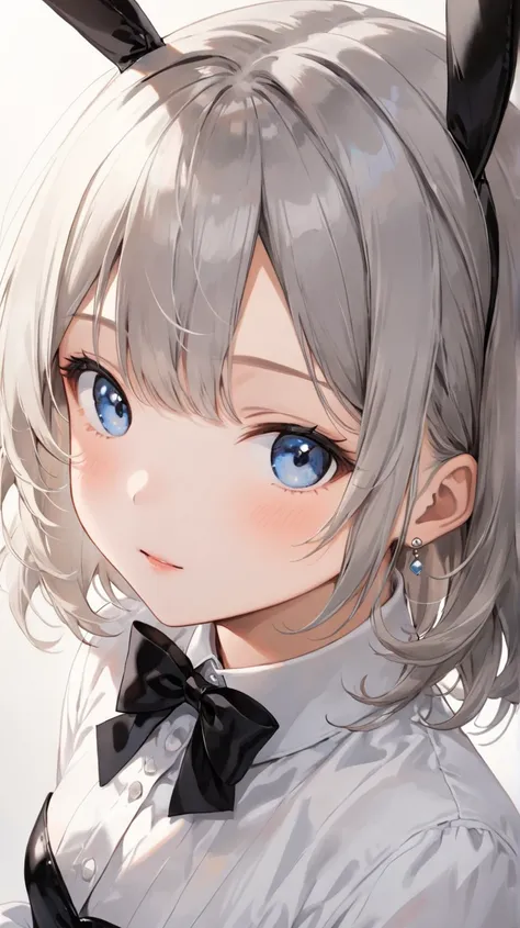 8k resolution, high-quality illustration, soft lighting,  
(short, tousled gray hair with a faint bluish tint:1.5), soft and slightly layered hairstyle,  
delicate and feminine facial features, white skin, large and clear eyes, gentle expression, slight bl...