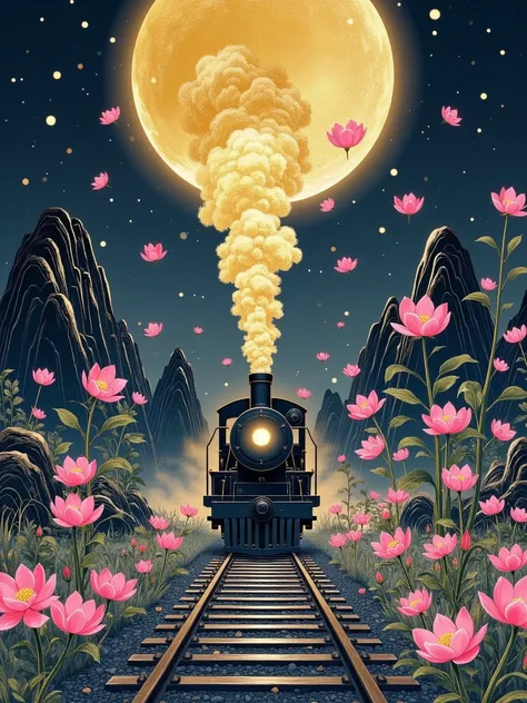  It adds a bit of mystery to a late night ， The background is dark and long 。 ， and instantly transformed into countless flickering elves 。} Pillars of gold smoke from the locomotive rise in the night sky ， like a mysterious charm 。 The snowflakes are flyi...