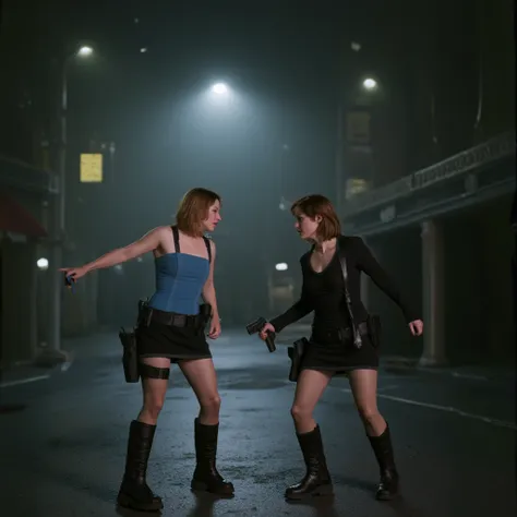 Cinematic photography, wearing black boots, short black skirt, blue top. She is fighting Alice in a city at night with a lot of fog.