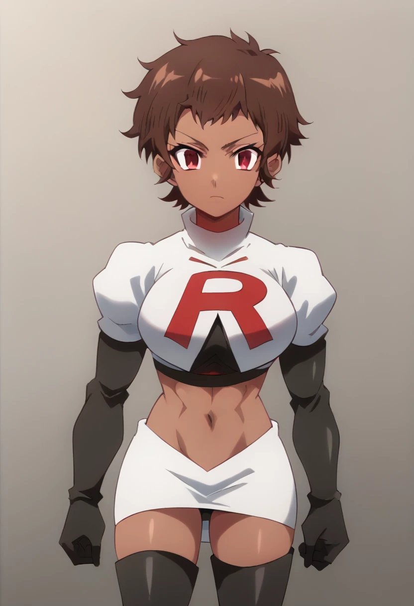 blossom, short hair, brown hair, dark-skinned female, 1girl, red eyes, solo, large breasts, muscular female, looking at viewer, team rocket,team rocket uniform,white skirt,red letter R,crop top,black thigh-highs,black elbow gloves, score_9, score_7_up,anim...