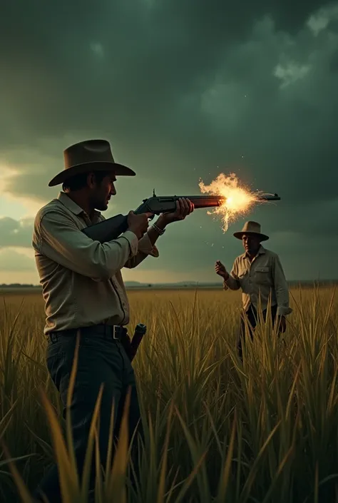 Hyper crazy mad action shot gun crazy style A Malay man and Thai ghost Zombie wearing 1970 Thai style local framer man , holding a shotgun and shooting at an angry zombie in the middle of a rice field. The scene has a horror theme with a dark background, r...