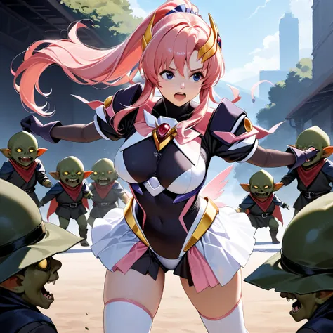 ((masterpiece)), (best quality), (detailed), (realistic), (UHD) 4k, lacus clyne, escalayer cosplay, surrounded by hobgoblin, panic face, losing in battle,