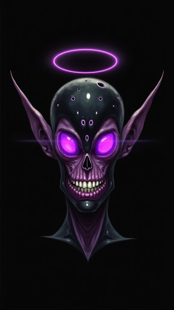 A stylized portrait of a grotesque humanoid figure. The figure is positioned in the center of the image, and its face is characterized by exaggerated features, vibrant purple and black hues, and intense, glowing purple eyes. A circular, halo-like shape is ...