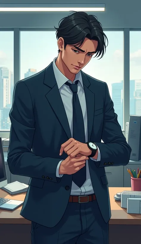 a man is bored in his office and looking to his watch. Full body pic. Anime pic