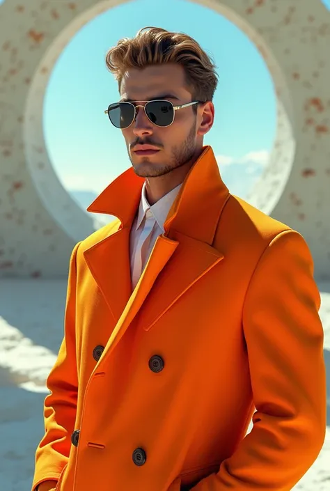 Cute guy wearing mid-twenties space age fashion,  wearing a very modern coat and sunglasses in the style of the 60s , clothes in a single color , beautiful background