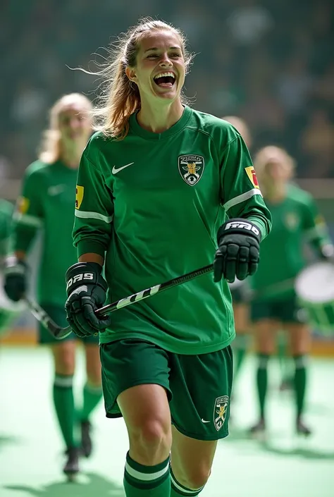  soccer fan , An image of a ,  composed of female hockey players wearing green hockey clothes with drums