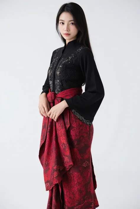 A beautiful Indonesian woman wearing a modest black kebaya and a red batik sarong with a plain white background.