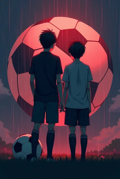 "Create a book cover in anime style with two characters from behind, symbolizing their separate paths. They should have a mysterious presence, not looking at each other, highlighting their individual struggles. In the background, place a soccer ball with d...