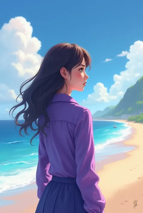 girl with purple shirt in beach 