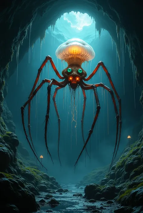 Jellyfish and Spider Hybrid Monster, in a dark, foreboding cave with glowing bioluminescent fungi, the creature’s body is a grotesque combination of a jellyfishs translucent, glowing bell and the spiders long, spindly legs, the monster hovers just above th...