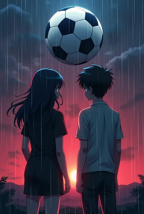 "Create a book cover in anime style with two characters from behind, symbolizing their separate paths. They should have a mysterious presence, not looking at each other, highlighting their individual struggles. In the background, place a soccer ball with d...