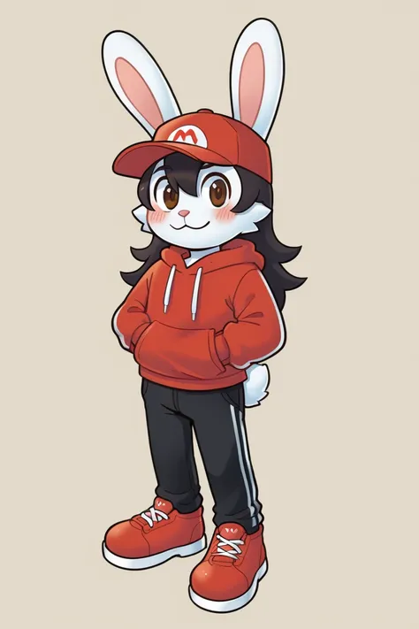 masterpiece, best quality, expressive eyes, perfect face, , furry bunny, white fur, bunny tail, white bunny ears, solo, surpriced, blushed, black hair, long hair, red baseball cap, black shirt, red hoodie, black sports pants, red sport shoes, brown eyes, f...