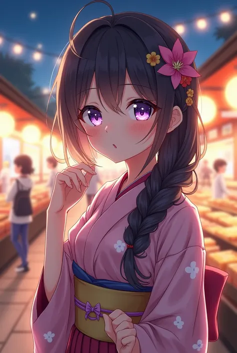 Seductively the most beautiful girl of all time 、A girl in anime style,  Beautiful Hair and Big Shining Eyes ,  Cute Fun Expressions  ,A girl wearing a yukata is shopping at the summer festival。The background is a simple night stand 、Good move、Beautiful ha...