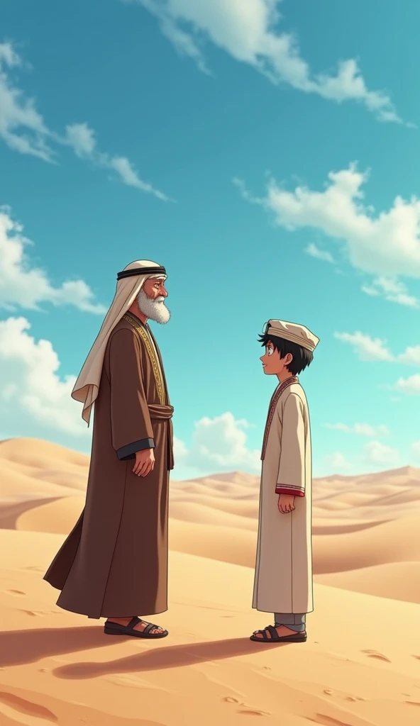 3D anime image of a man wearing a brown traditional Arabic robe looking at a young man standing in the middle of the desert