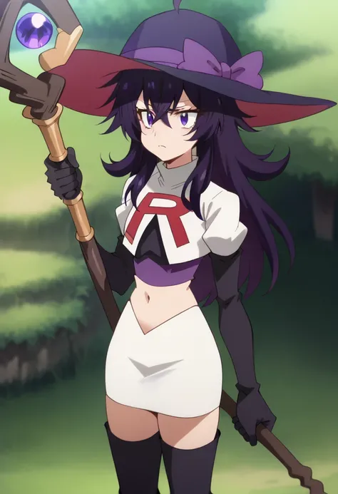 belano, long hair, purple hair, purple eyes, hair between eyes, 1girl, solo, ahoge, purple headwear,staff, hat bow, witch, purple bow, team rocket,team rocket uniform,white skirt,red letter R,crop top,black thigh-highs,black elbow gloves, score_9, score_8_...