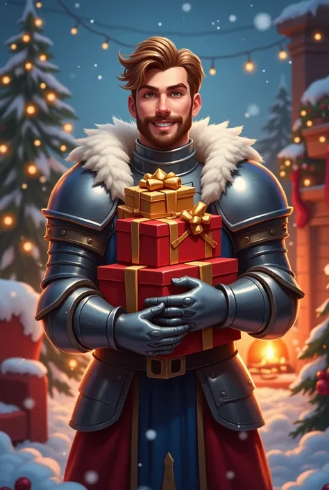 Make a portrait of the character Wesley from Lords Mobile at Christmas holding 3 presents 