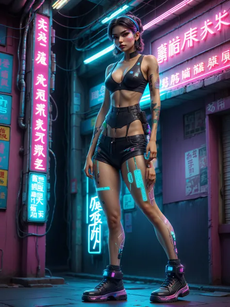 woman, headoverlay, headwear, hologram, cyberpunk alley, neon lights, Leaning on one leg pose, (masterpiece:1.2), best quality, (hyperdetailed, highest detailed:1.2), high resolution textures