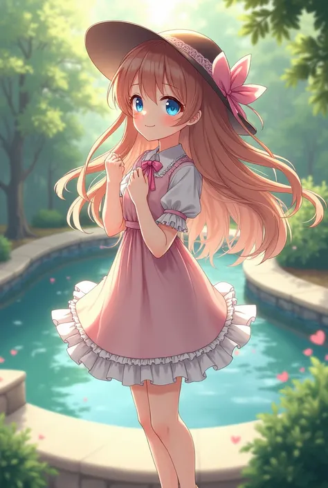 Seductively the most beautiful girl of all time 、A girl in anime style,  Beautiful Hair and Big Shining Eyes ,  Cute Fun Expressions  ,Good move、Beautiful hands、 girl in a dress and hat smiling by the garden fountain。The background is a simple garden 