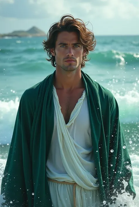 A 29 years old man with short wavy brown hair. Hes tall and has fair skin. He has ocean colour, bright blue eyes. Hes a god of water. Hes wearing a green cloak over a white baggy shirt. Hes standing in the ocean. He control the ocean because hes god of wat...