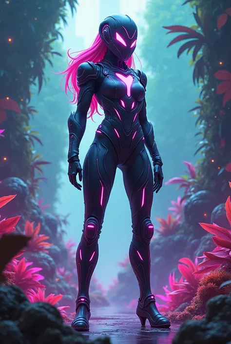 Kaisa costume with neon vegetation behind her