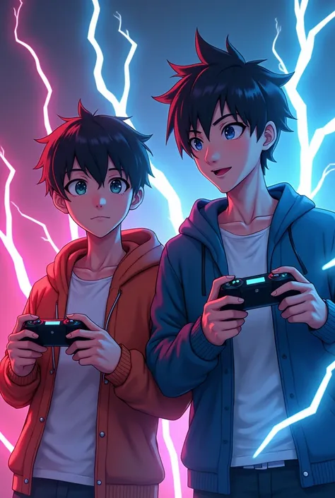 This is a gaming youtube banner with lightning background and two anime boy together holding gaming controller banner size is 1024x576px.