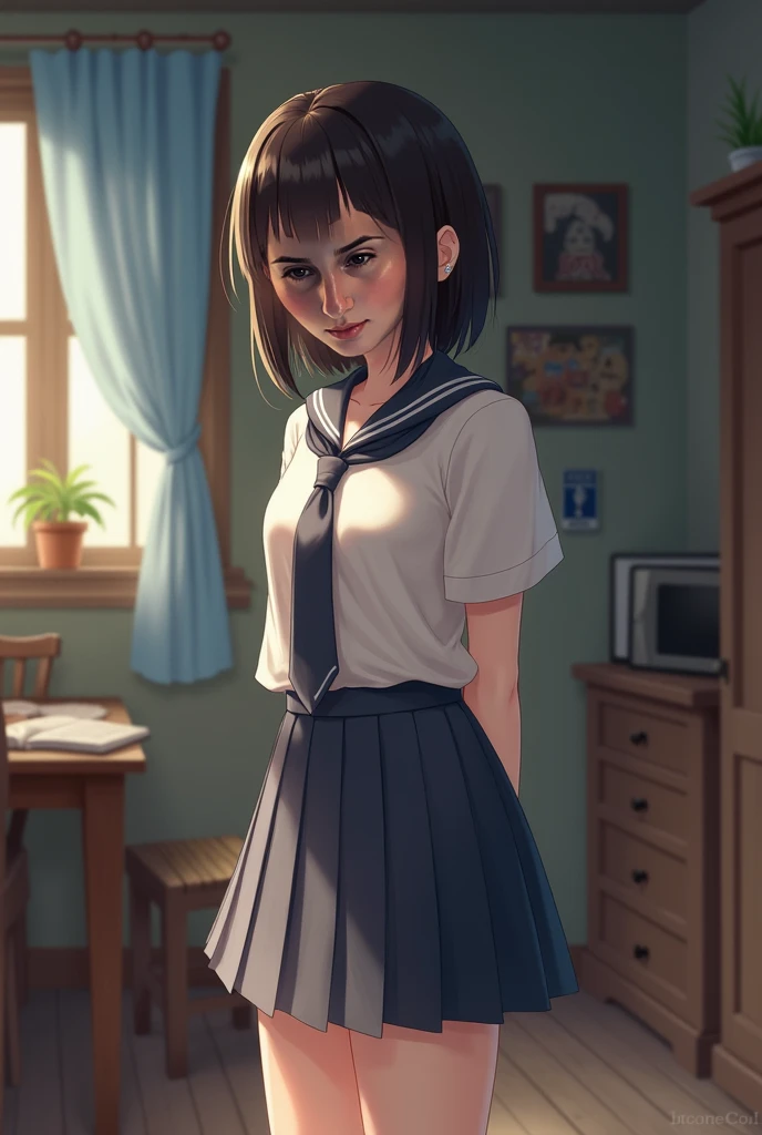 A character was, Cecilia called  ,  schoolgirl alone at home in her school uniform, 