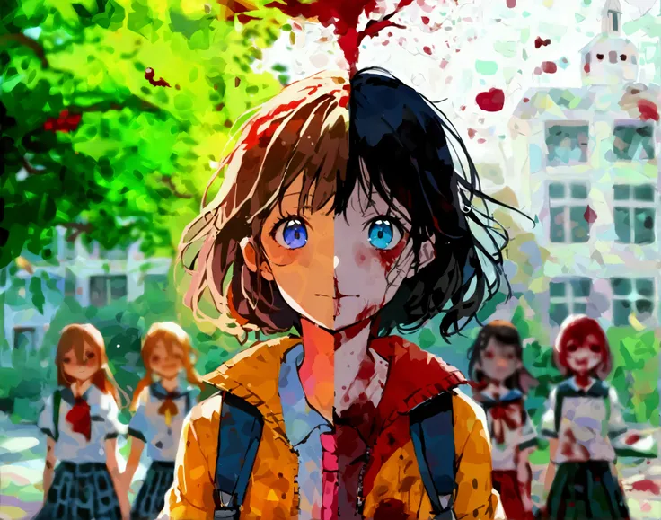 Create a image split between left and right. Left side shows a shows a happy school girl with her friends (background school)(theme joy). Right side shows the same school girl but psychopathic expression with her dead friends (background school field) (the...