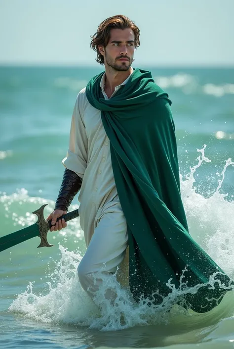 A 29 years old man with short wavy brown hair. Hes tall and has fair skin. He has ocean colour, bright blue eyes. Hes a god of water. Hes wearing a green cloak over a white baggy shirt. Hes standing in the ocean. He control the ocean because hes god of wat...