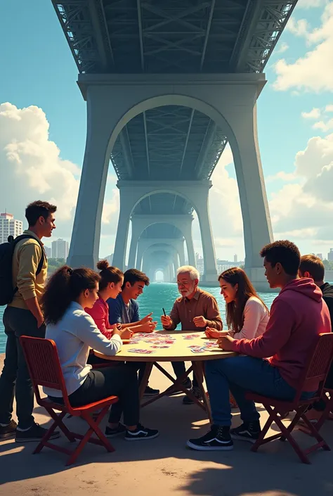 Image of people under a bridge playing UNO