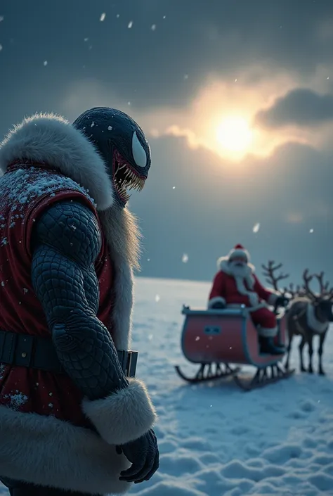  Ultra-realistic high definition image of Venom staring at Santa Claus, at the North Pole with its sleigh with reindeer in the background , full of details, A masterpiece. Under a dark and snowing sky a bright polar sun among clouds .
