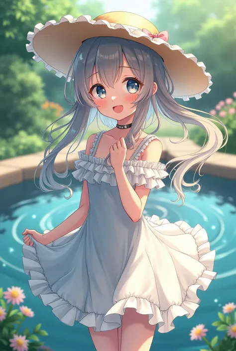 Seductively the most beautiful girl of all time 、A girl in anime style,  Beautiful Hair and Big Shining Eyes ,  Cute Fun Expressions  ,Good move、Beautiful hands、 girl in a dress and hat smiling by the garden fountain。The background is a simple garden 
