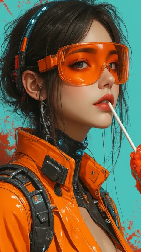 This is a very detailed portrait of a cyborg , a futuristic woman with a refined and edgy appearance . Her darkness , Her matted hair returns to a casual yet functional style , and , loose strands wrap around her face . She wears a glowing orange visor tha...