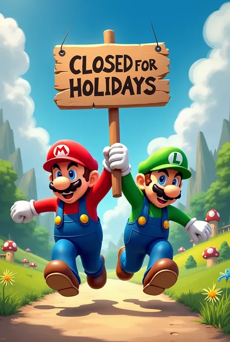 Mario Bros running with a sign that says:  Closed for holidays 