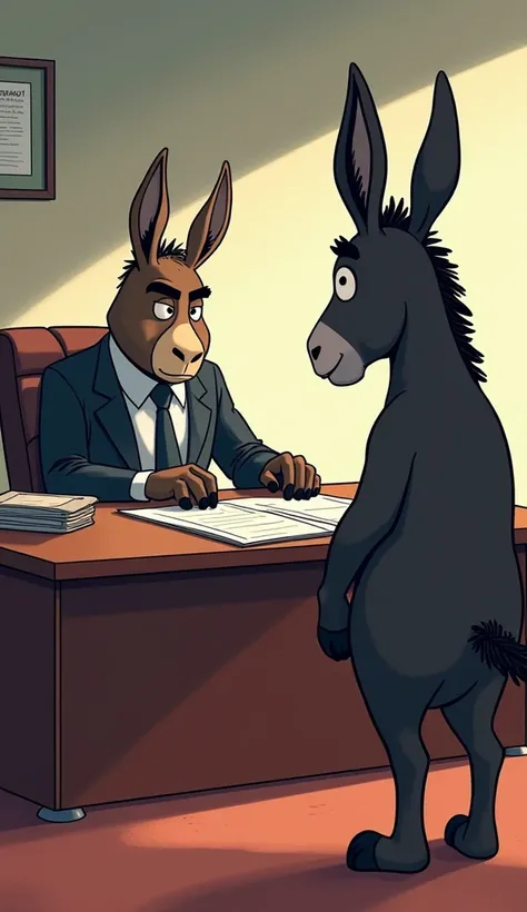 Create a scene where the director of the animal hospital, an older, wise-looking animal, is sitting behind a large desk in an office. The director has a serious demeanor and is reading a report about the hero donkey. The hero donkey stands in front, in a r...