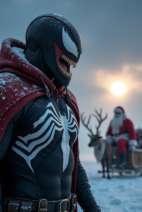 Ultra-realistic high definition image of Venom in his uniform with a white spider on his chest staring at Santa Claus, at the North Pole with its sleigh with reindeer in the background , full of details, A masterpiece. Under a dark and snowing sky a bright...