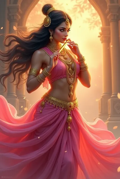 "A digital painting of  cute  goddess radha playing his flute, dressed in ornate golden jewelry and a flowing pink dhoti, with a warm, divine glow emanating from him."HD, 