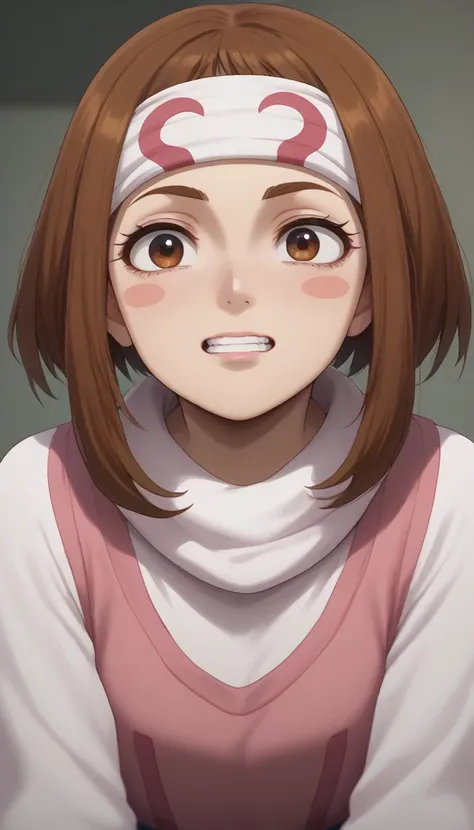  crazy face (Ochaco Uraraka) score_9, score_8_up, score_7_up,  1girl, kyoukai  cowl headband  