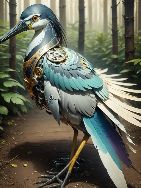 manned heron ,  mixed heron mechanical part, gear,  multicolored metallic part ,  multicolored, flying over forest , colorful trees, Glowing dust rising