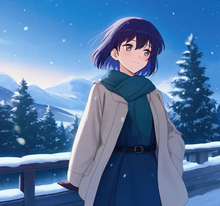 Masterpiece,Best quality, cute Anime style, outdoors, snowy scene, snowing,