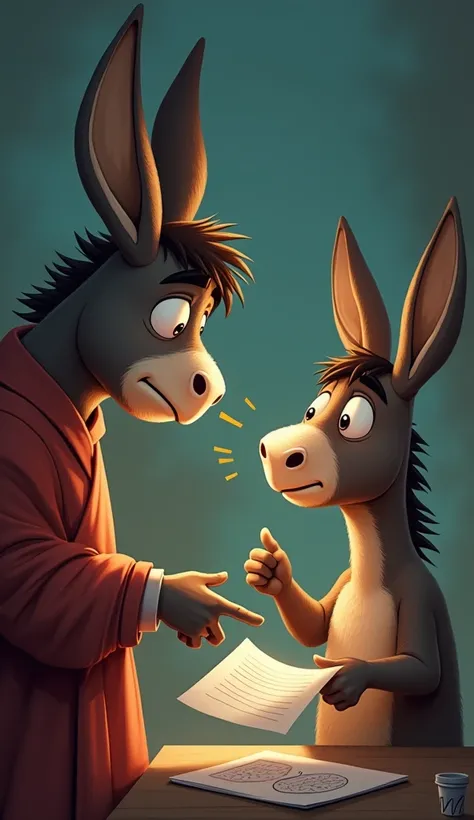 Illustrate the moment when the director gives the tragic news to the hero donkey. The scene should capture the director’s sad expression, with a finger pointing at the report, while the hero donkey’s face shows surprise and confusion. The setting should ha...