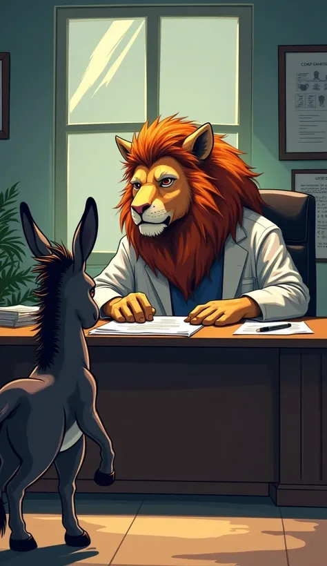 Create a scene where the director of the animal hospital, a wise humanoid lion with a strong presence, is sitting behind a large desk in an office. The lion has a serious demeanor and is reading a report about the hero donkey. The hero donkey stands in fro...