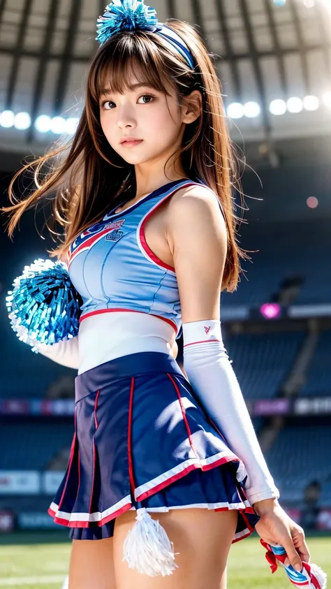 masterpiece,  top quality ,  very detailed,  high res, ( realistic , photo realistic :1.37), excellent anatomy, one beautiful woman,20 years old, Female Adult,Height: 152cm,(well-proportion:1.3),Cheerleader Circle ,(With pom-poms in both hands:1.4), small ...