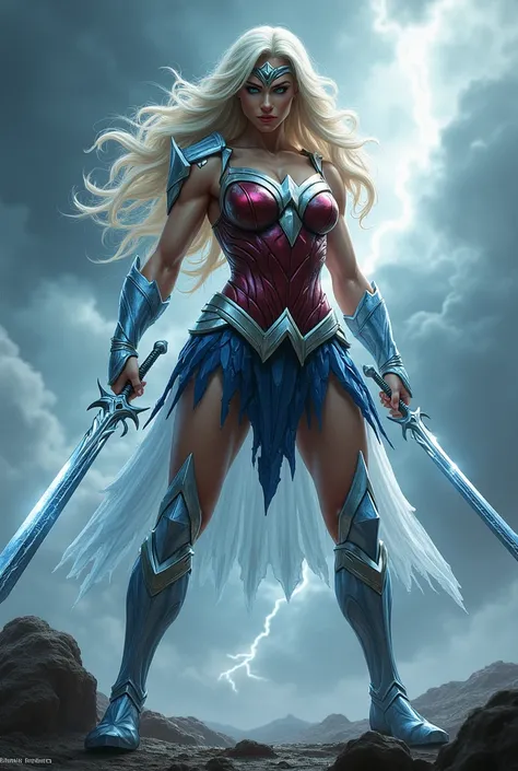 Create realistic photo of a powerful furious giant hybrid character using the features of the characters Wonder Woman and Emma Frost with a sword in her hand 