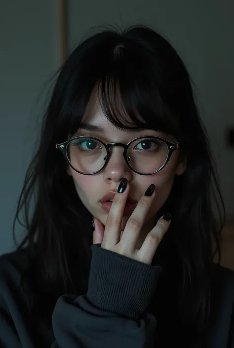 A realist, with long black hair, with white skin, who wears glasses and bangs on her hair ,  she has one hand covering her mouth a little ,  and she has black and slightly long nails ,  together she is wearing a sweatshirt that covers her hand ,  showing o...